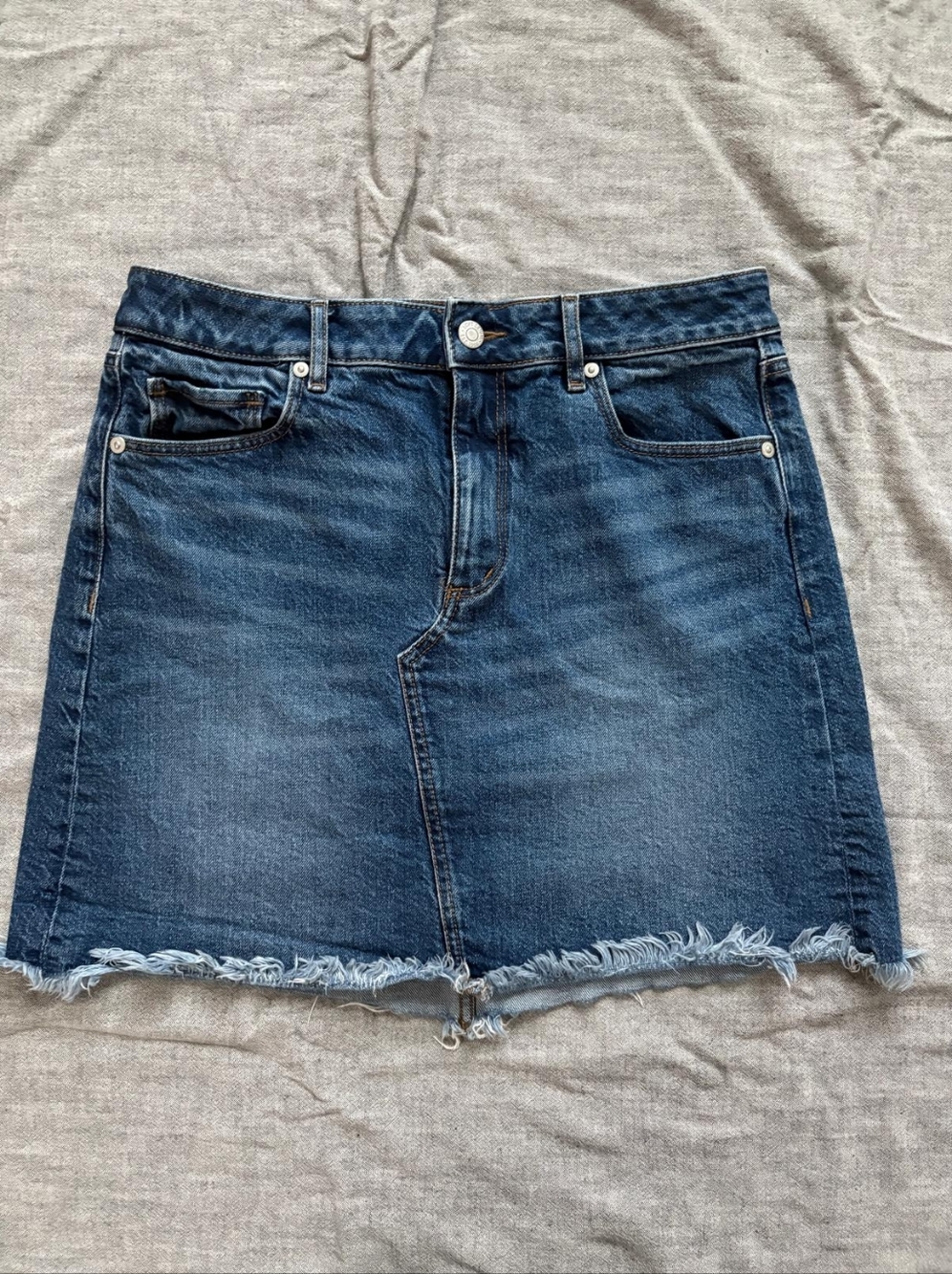 LOFT Blue Denim Frayed Hem Mini Skirt